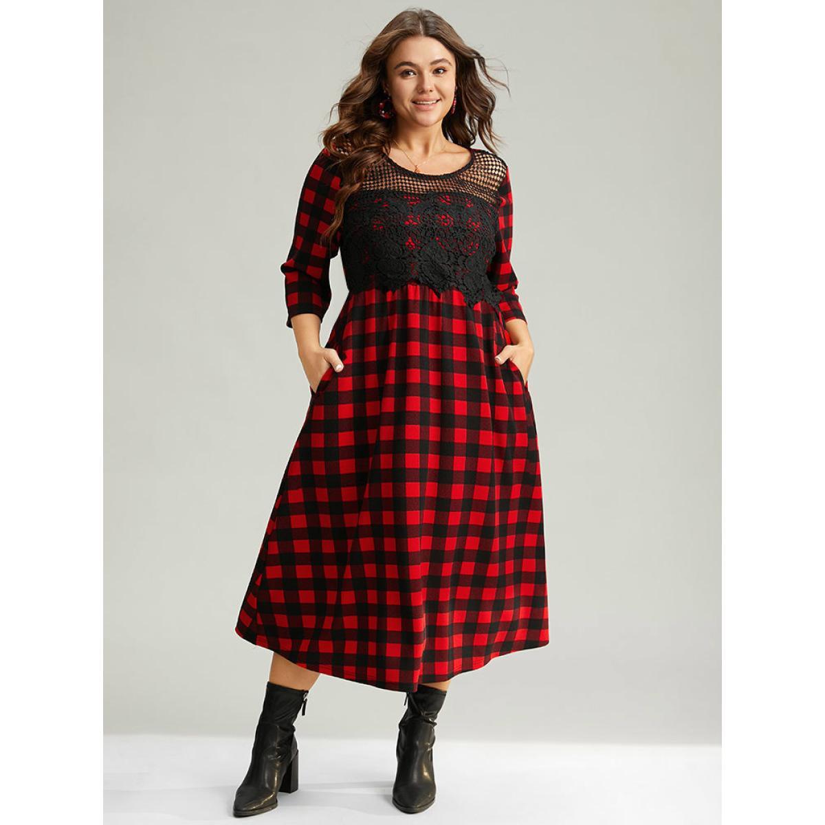 Plus Size Christmas Plaid Crochet Lace Mesh Cut Out Dress Raspberry Women Office See through Round Neck Elbow-length sleeve Curvy Midi Dress BloomChic 26/4X Product Image