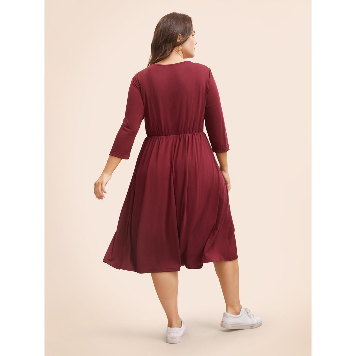 Plus Size Solid V Neck Elastic Waist Midi Dress Burgundy Women Casual Non V-neck Elbow-length sleeve Curvy BloomChic 14-16/1X Product Image