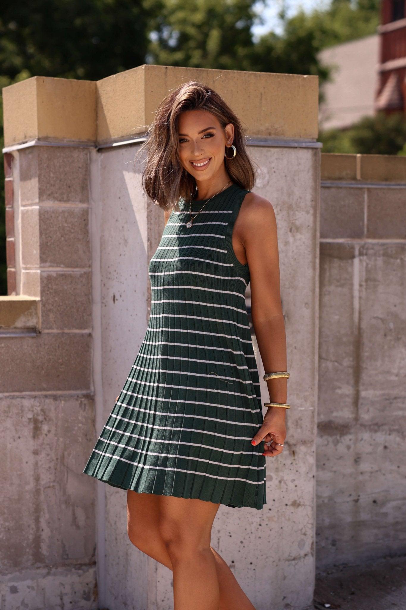 Green Stripe Pleated Mini Dress-FINAL SALE Product Image