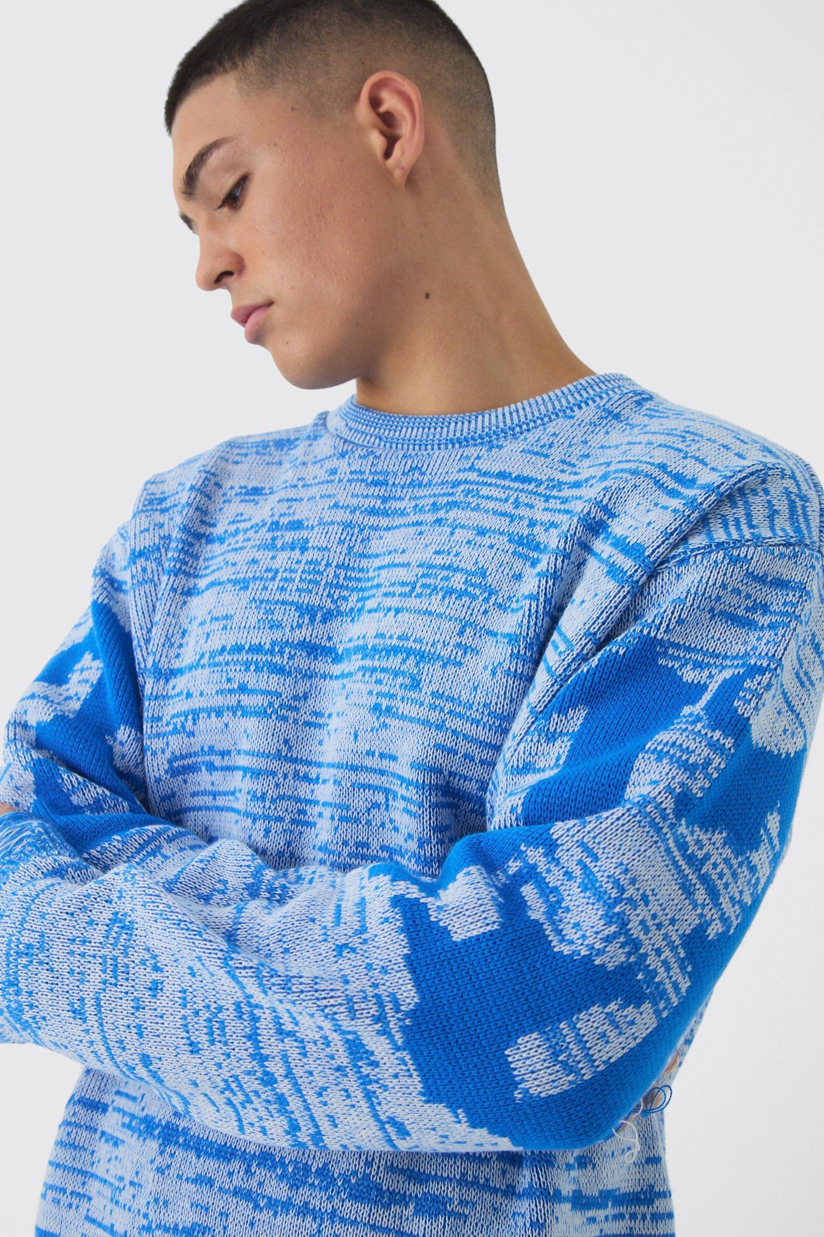 Boxy Distressed Hem Cross Graphic Knitted Sweater | boohooMAN USA Product Image
