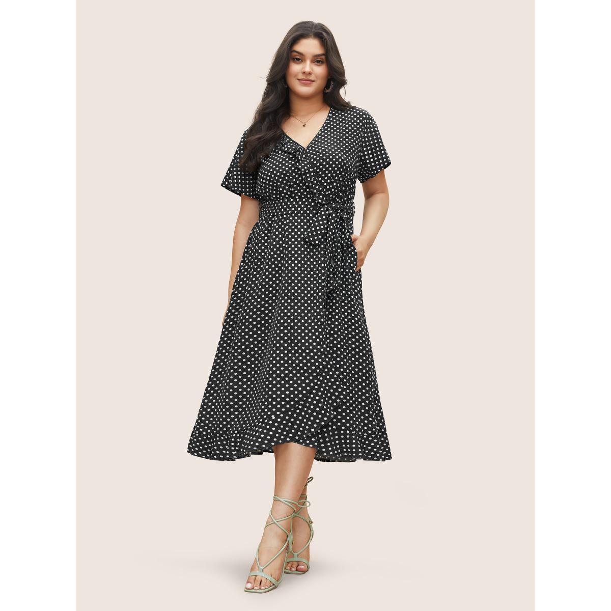 Plus Size Polka Dot Flutter Trim Belted Overlap Collar Dress Black Women Elegant Non Overlap Collar Short sleeve Curvy Midi Dress BloomChic 10/M Product Image