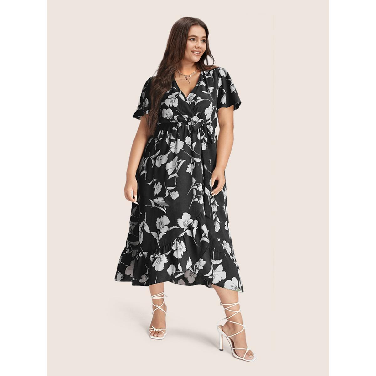 Plus Size Floral Ruffle Knot Side Wrap Dress BlackFlower Women Elegant Ruffles V-neck Short sleeve Curvy Midi Dress BloomChic 12/L Product Image