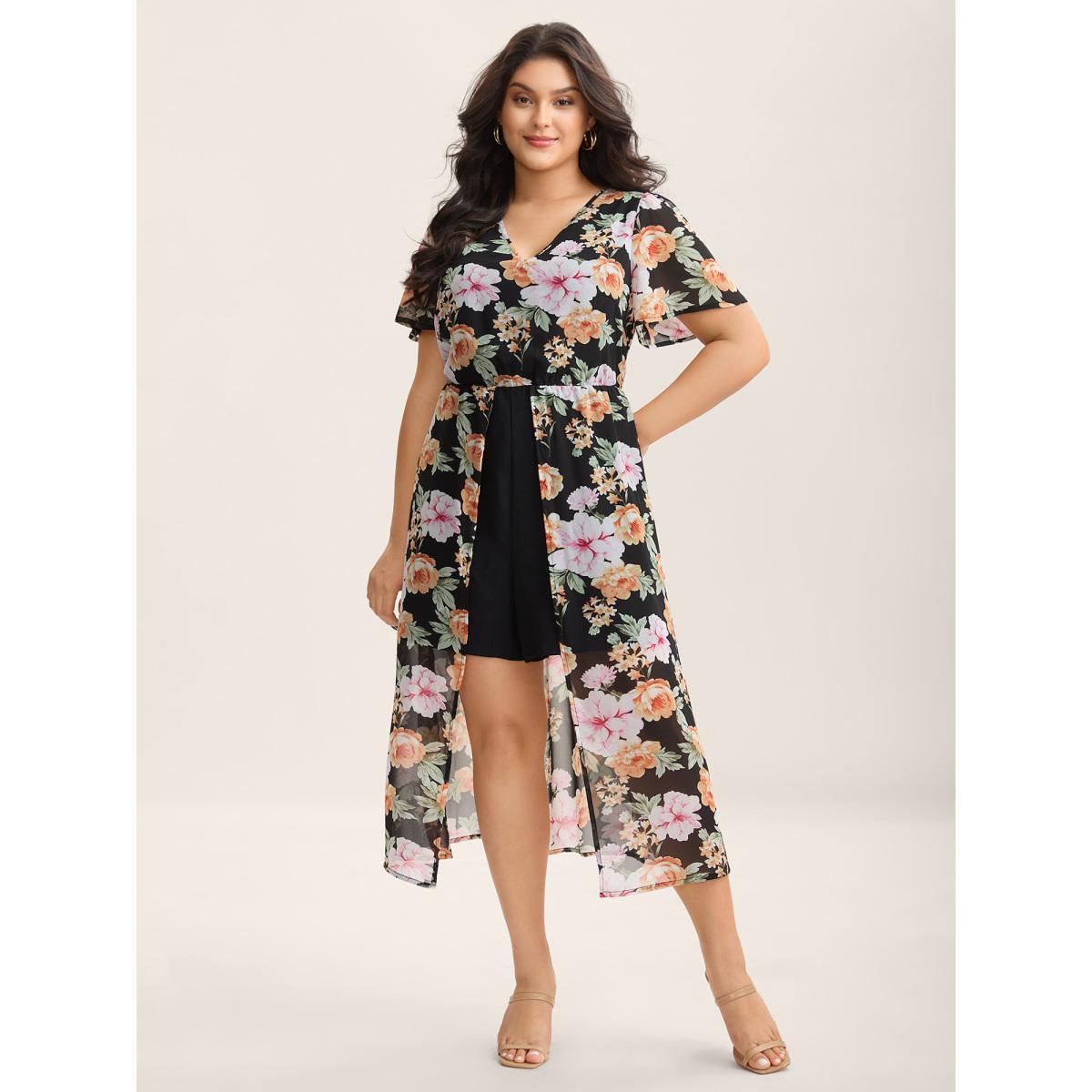 Plus Size Black Floral Layered Open-Front Romper Women Short sleeve V-neck Everyday-Elegant Loose Jumpsuits BloomChic 14-16/1X Product Image