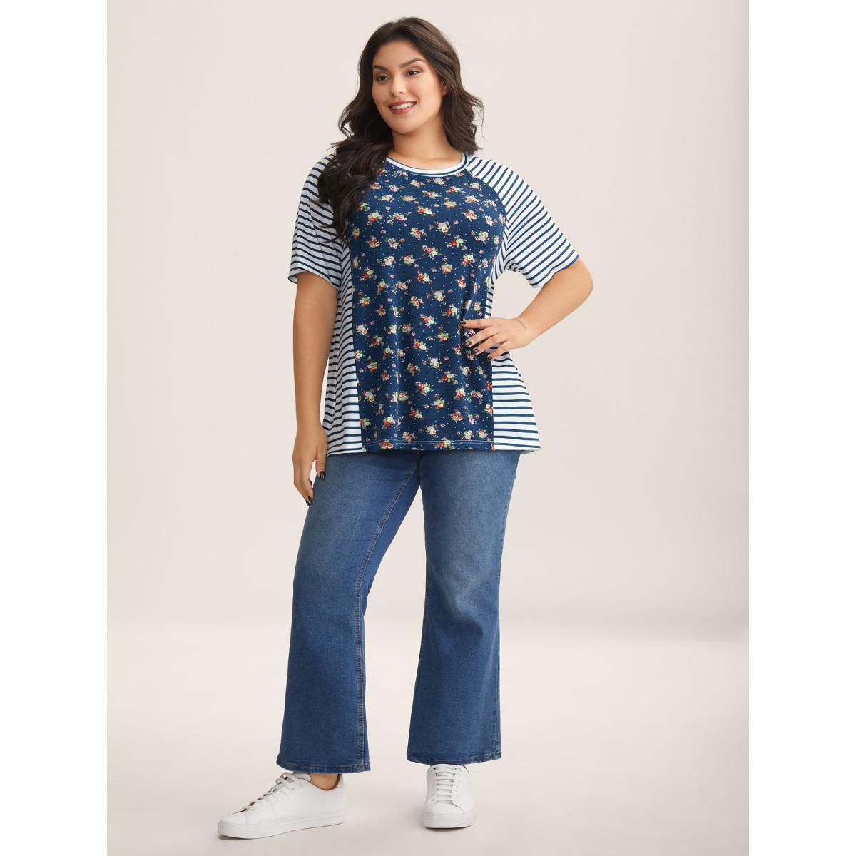 Plus Size Floral Stripes Raglan Sleeve T-Shirt Indigo Women Contrast Round Neck Everyday-Casual T-shirts BloomChic 28/5X Product Image