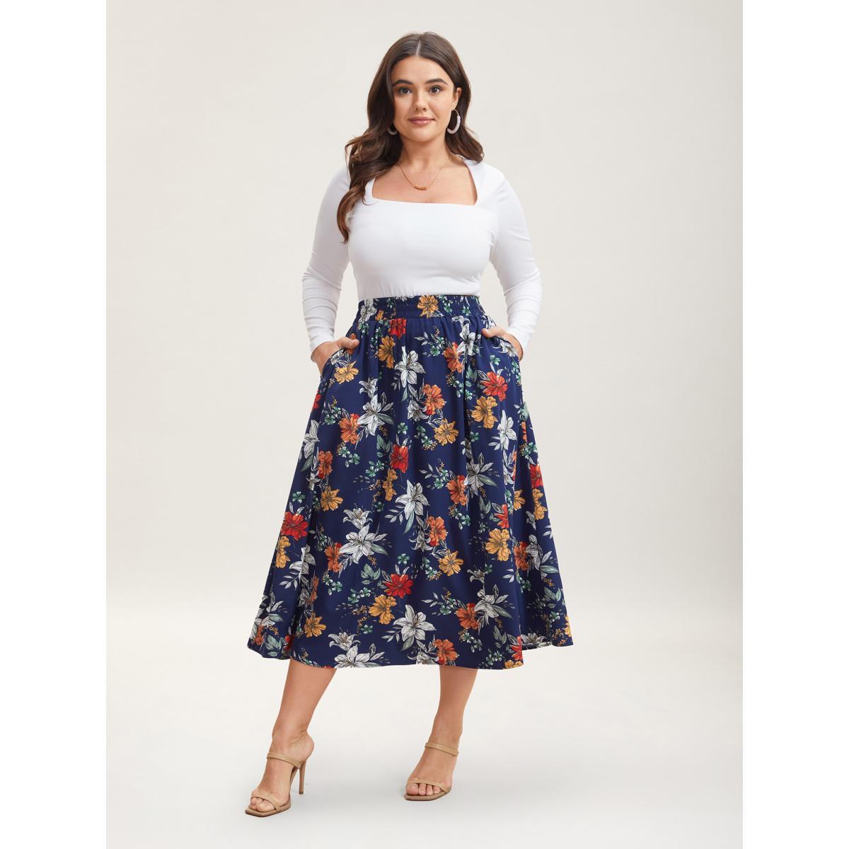 Plus Size Floral Print Drawstring Pleated Midi Skirt Women DarkBlue Elegant Bodycon Low stretch Slanted pocket Everyday Skirts BloomChic 18-20/2X Product Image