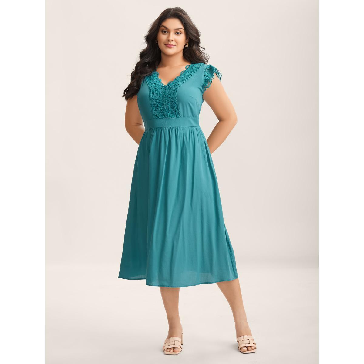 Plus Size Lace Detail Pockets Flutter Sleeve Midi Dress Turquoise Women V-neck Cap Sleeve Curvy BloomChic 28/5X Product Image