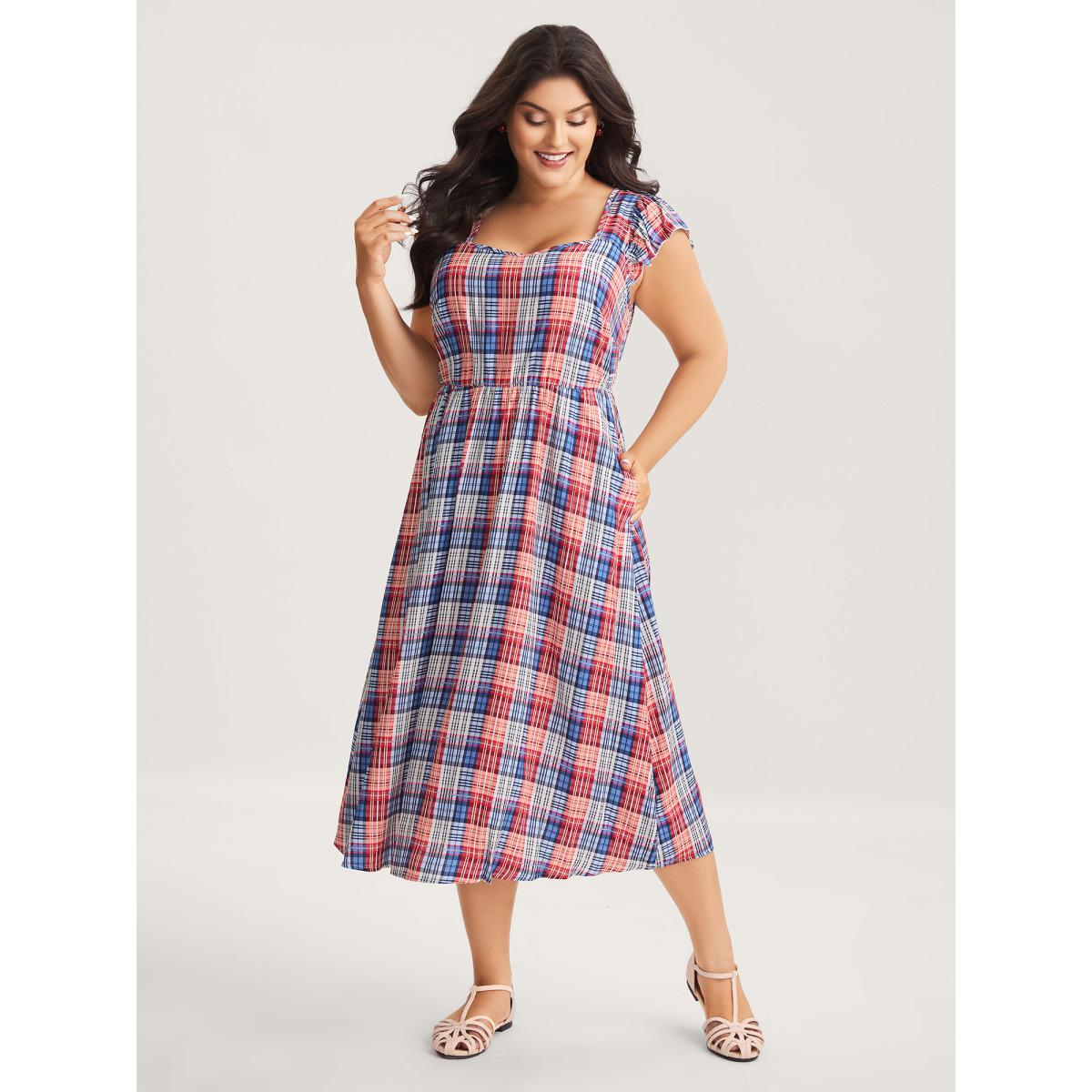 Plus Size Plaid Print Flutter Sleeve Pockets Midi Dress Multicolor Women Heart neckline Cap Sleeve Curvy BloomChic 26/4X Product Image