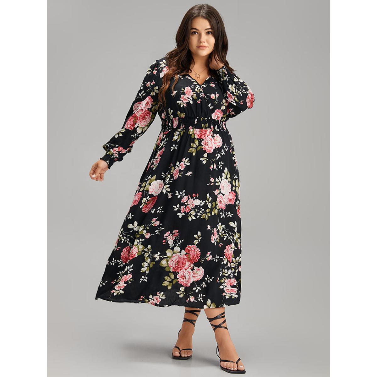 Plus Size Supersoft Essentials Floral Pocket Shirred Dress Black Women Elegant Wrap Overlap Collar Long Sleeve Curvy Midi Dress BloomChic 30/6X Product Image