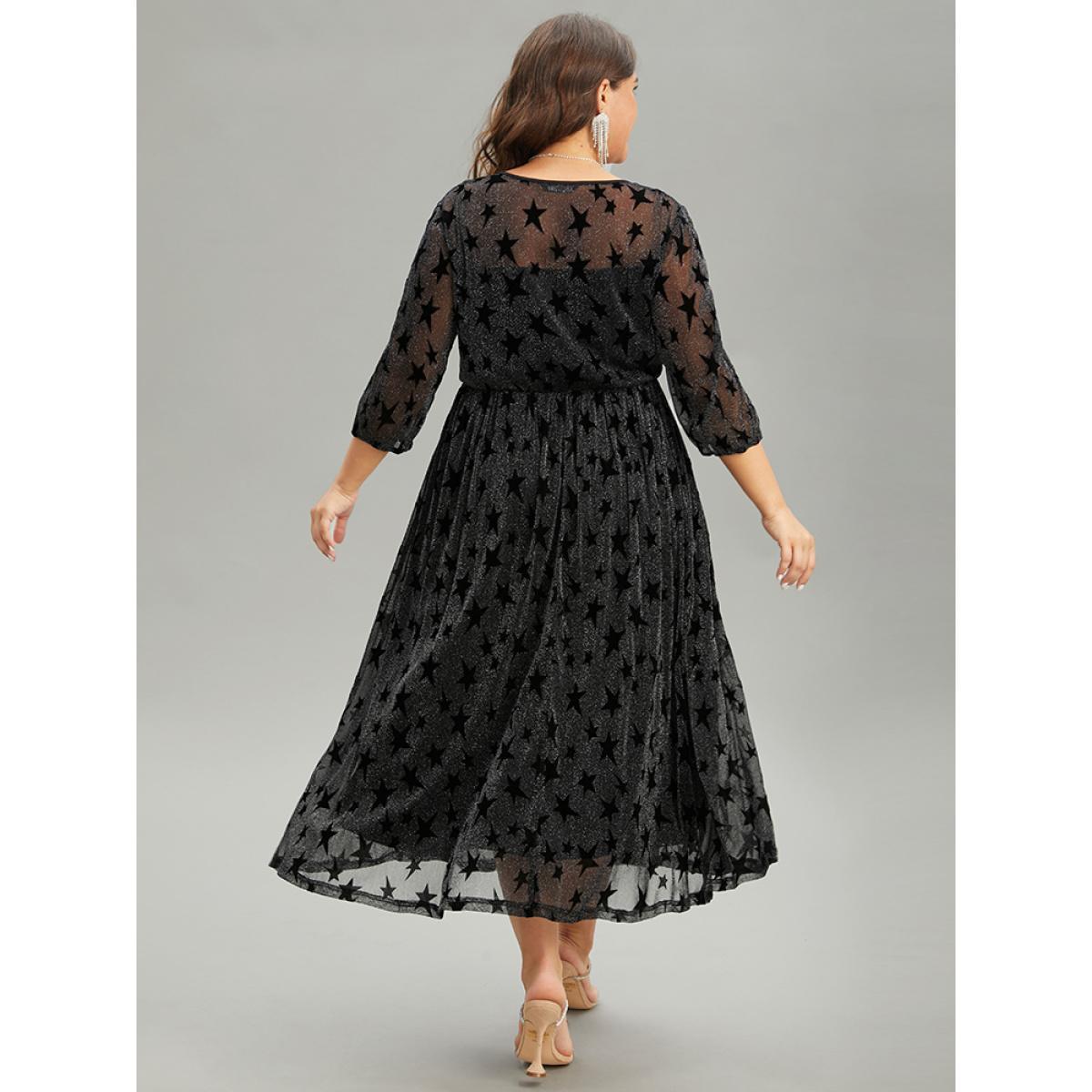 Plus Size Flocking Star Mesh Elastic Waist Dress Black Women Glamour Elastic cuffs Round Neck Elbow-length sleeve Curvy Midi Dress BloomChic 26/4X Product Image