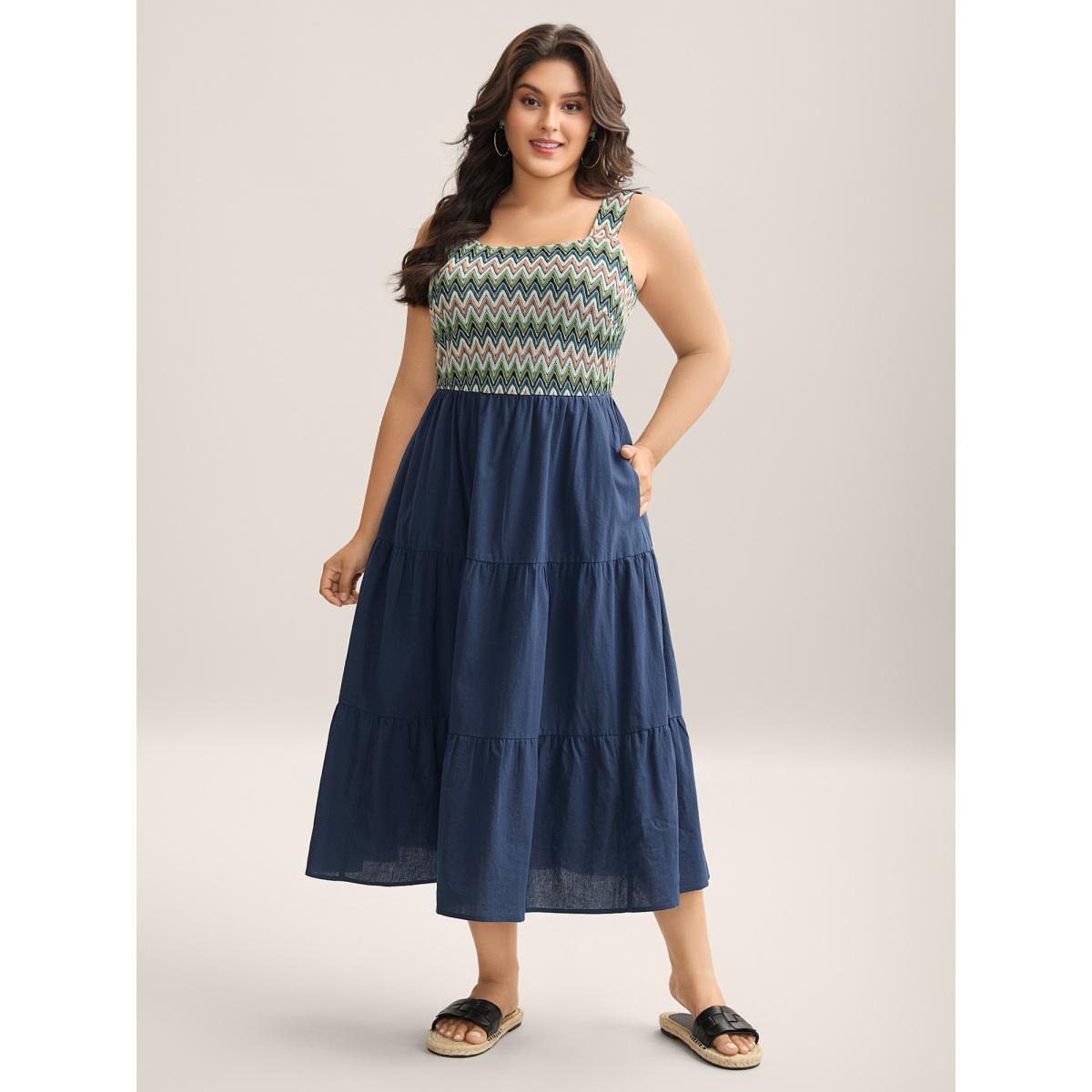 Plus Size Cotton Crochet Stretchy Waist Pockets Midi Dress Navy Women Square Neck Sleeveless Curvy BloomChic 10/M Product Image