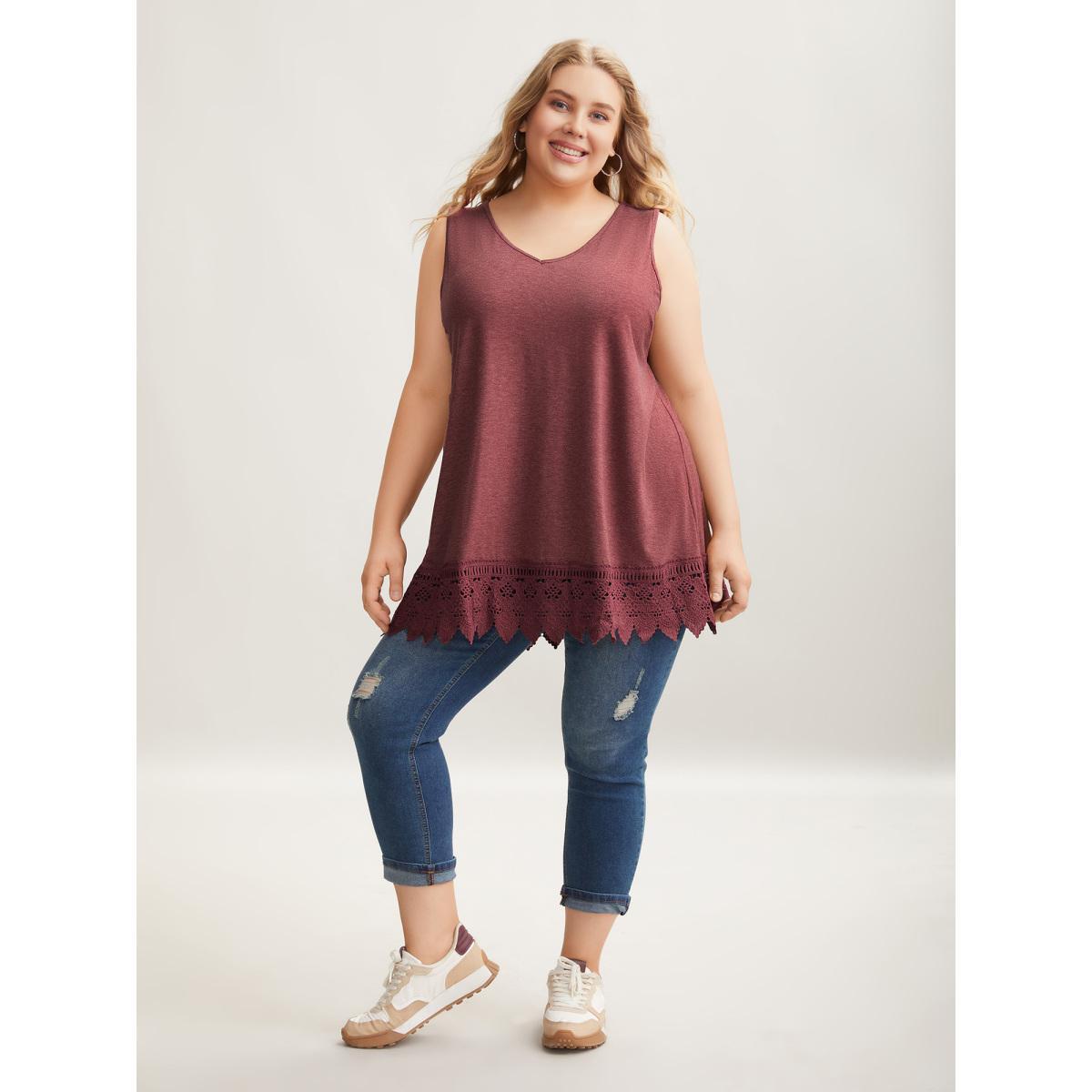 Plus Size Heathered Stretchy Lace Hem Sleeveless Top Women Russet Elegant Patchwork V-neck Everyday Tank Tops Camis BloomChic 22-24/3X Product Image