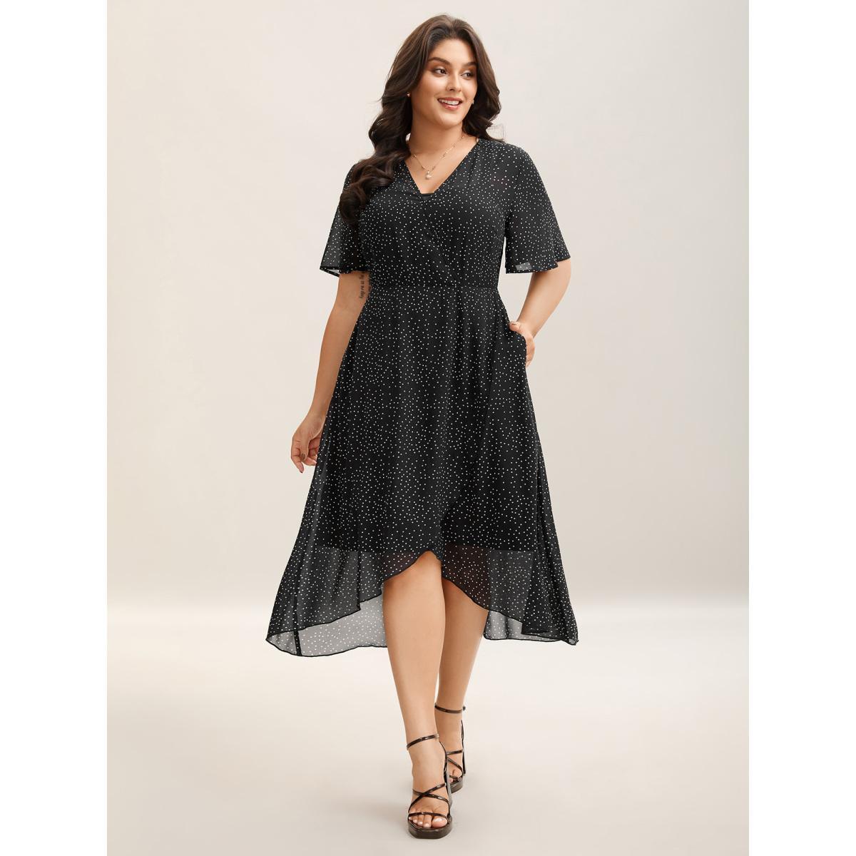 Plus Size Two Piece Polka Dots Sheer Midi Dress Black Women V-neck Short sleeve Curvy BloomChic 18-20/2X Product Image