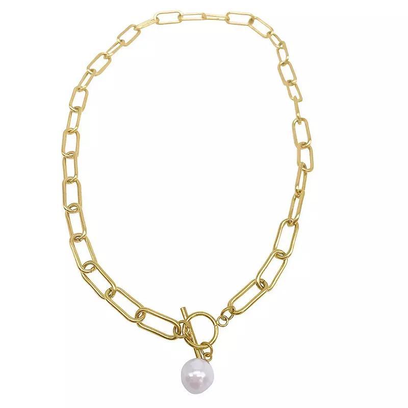 Adornia 14k Gold Plated Simulated Pearl Paper Clip Toggle Necklace, Women's, Size: 18", Silver Tone Product Image