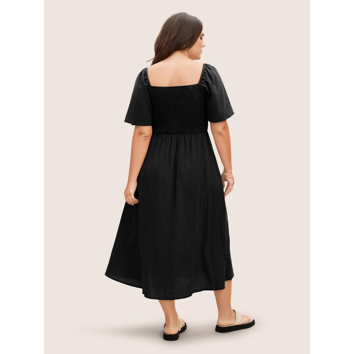 Plus Size Cotton Square Neck Shirred Ruffle Sleeve Split Hem Dress Black Women Casual Gathered Square Neck Short sleeve Curvy BloomChic 26/4X Product Image