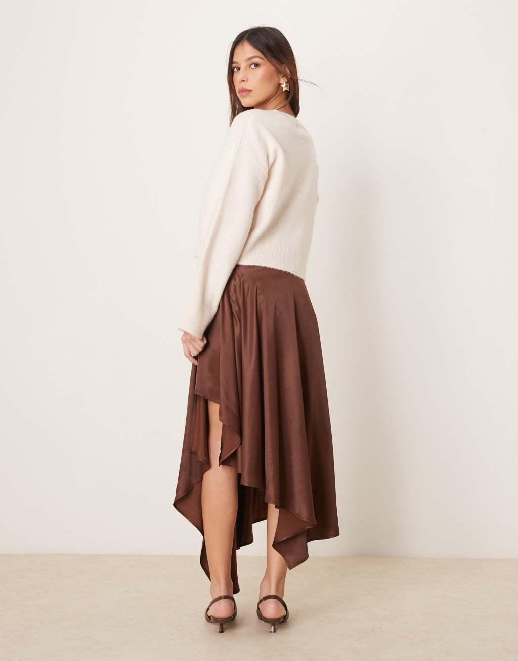 ASOS DESIGN satin asymmetric hem midi skirt in chocolate Product Image