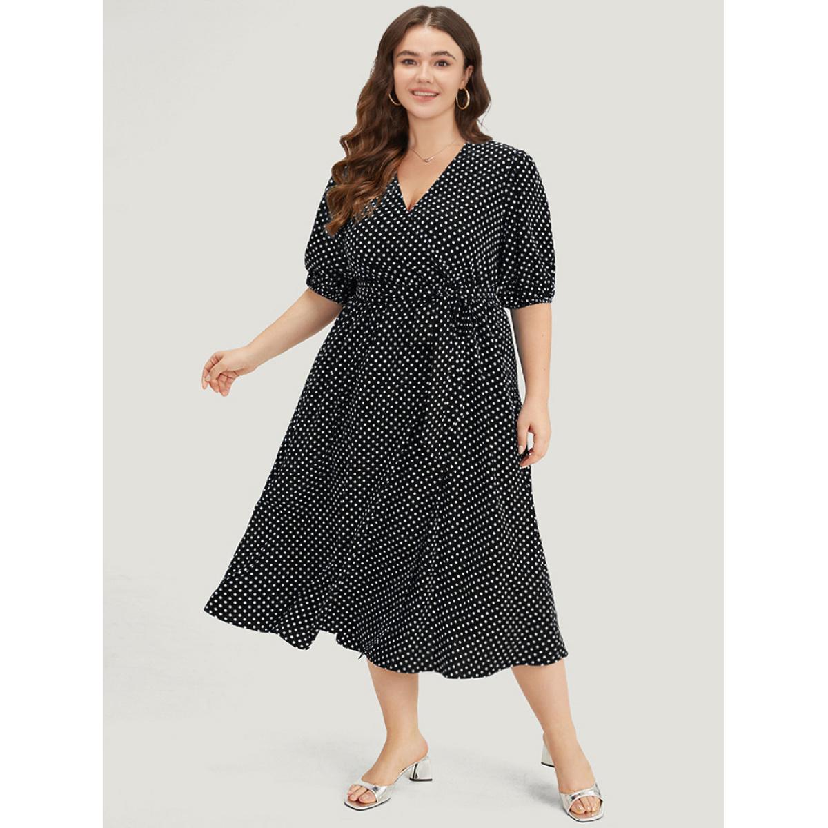 Plus Size Polka Dot Belted Lantern Sleeve Surplice Neck Dress Black Women Office Elastic cuffs V-neck Short sleeve Curvy Midi Dress BloomChic 28/5X Product Image