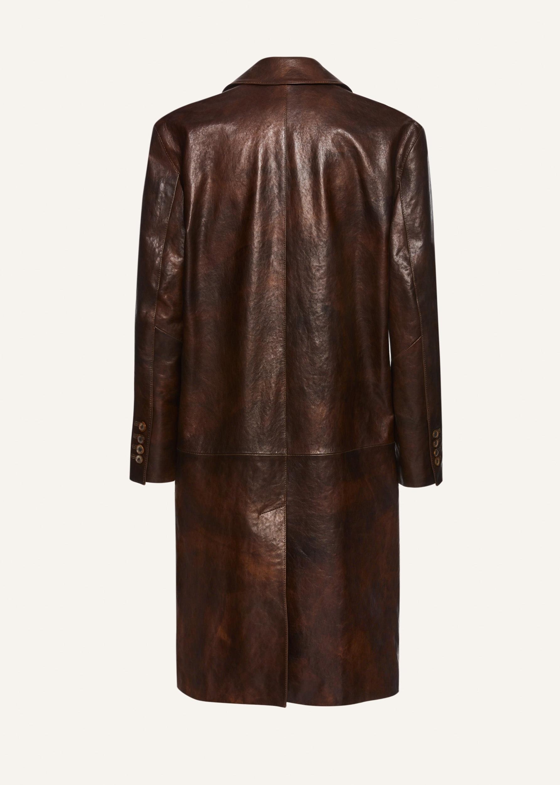 Single breasted leather car coat in brown Product Image