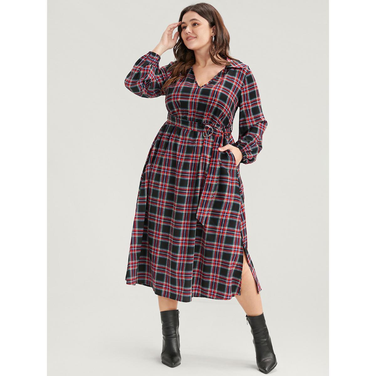 Plus Size Tartan Lantern Sleeve Pocket Belted Midi Dress Russet Women Elegant Elastic Waist Lapel Collar Long Sleeve Curvy Midi Dress BloomChic 12/L Product Image