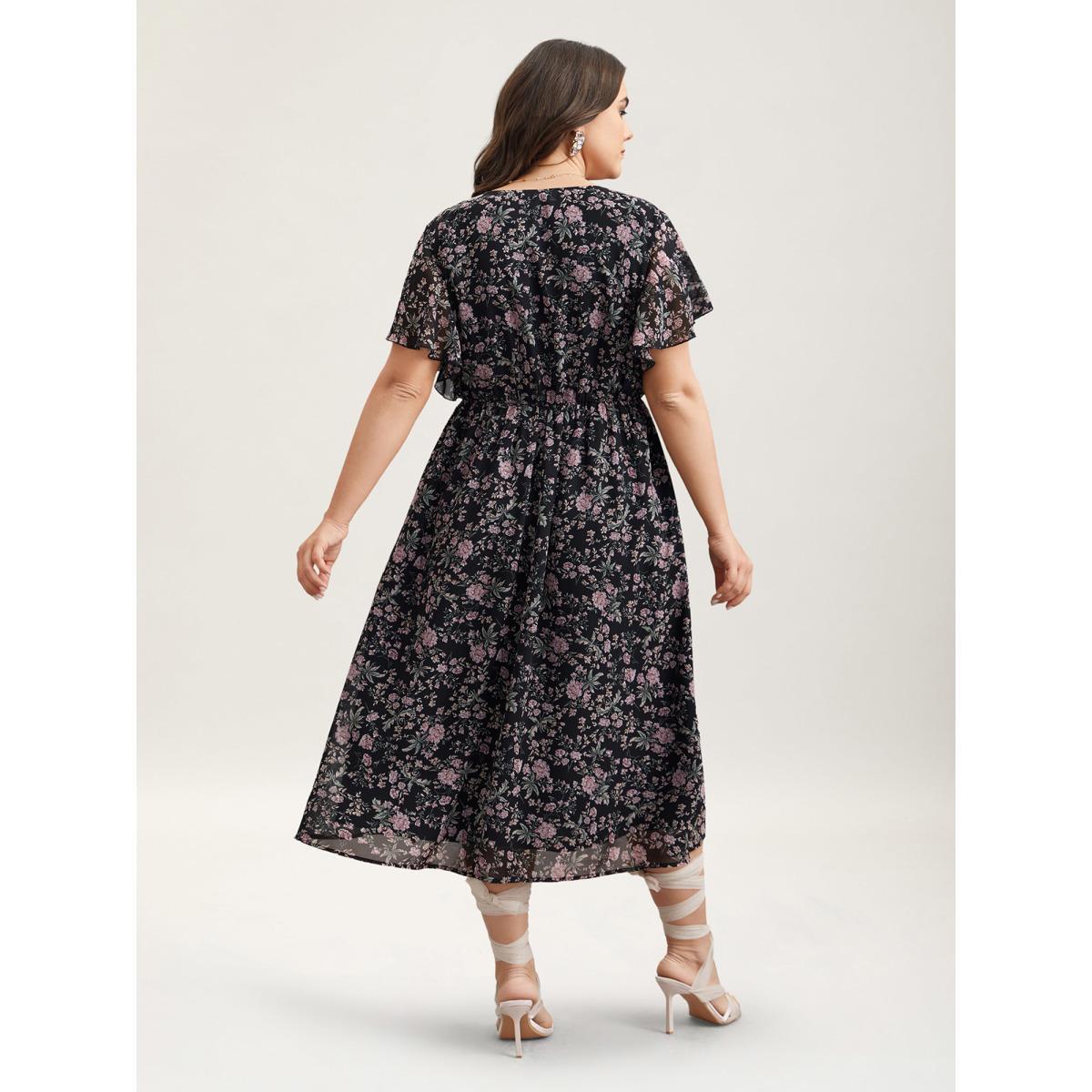 Plus Size Chiffon Floral Print Ruffled Midi Dress BlackFlower Women Elegant Ruffles Round Neck Short sleeve Curvy BloomChic 12/L Product Image