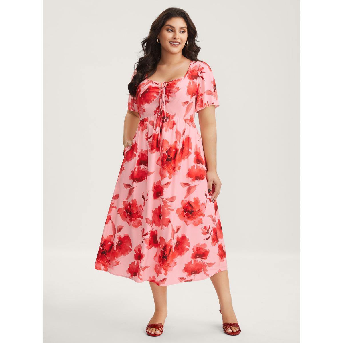 Plus Size Rayon Romantic Floral Print Drawstring Midi Dress Lightpink Women Heart neckline Short sleeve Curvy BloomChic 14-16/1X Product Image