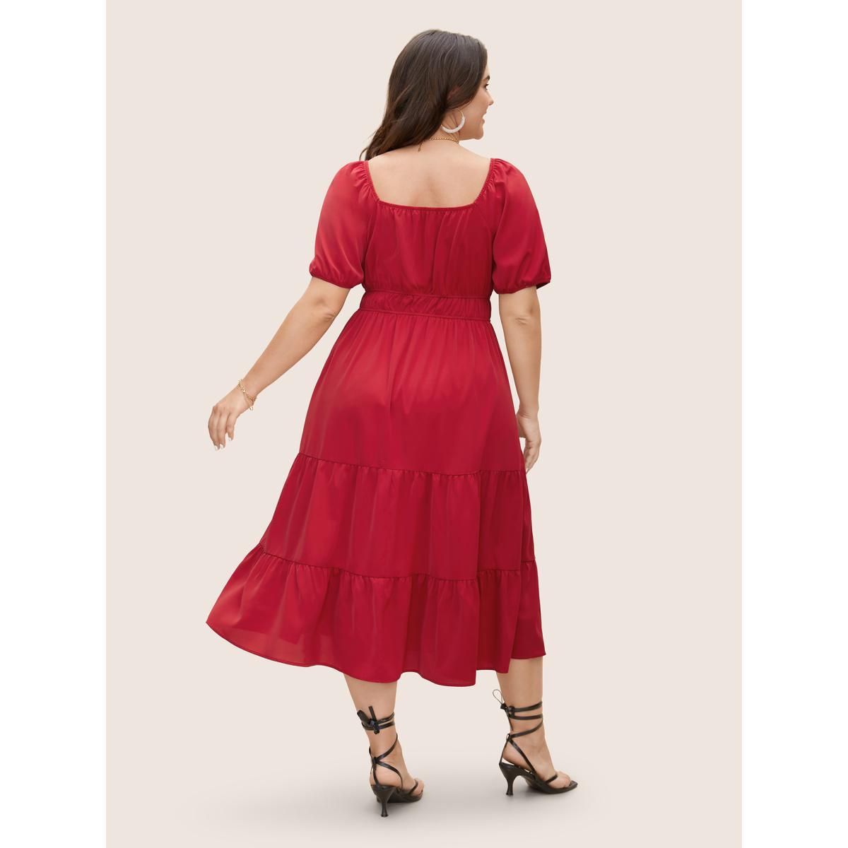 Plus Size Heart Neckline Bowknot Ruffle Trim Midi Dress Crimson Women Elegant Tie knot Heart neckline Short sleeve Curvy BloomChic 14-16/1X Product Image