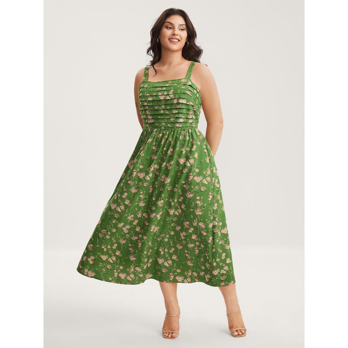 Plus Size Breezy Floral Pleated Pockets Midi Dress Emerald Women Non Sleeveless Curvy BloomChic 10/M Product Image