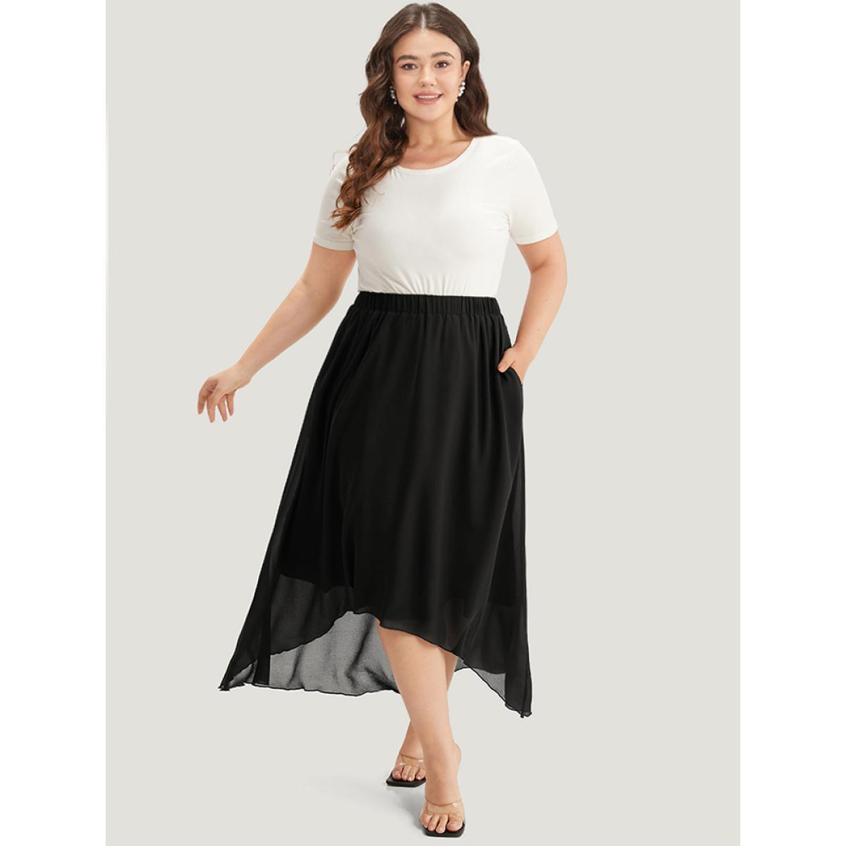 Plus Size Plain Elastic Waist Pocket Mesh High Low Hem Skirt Women Black Elegant Elastic Waist Loose Low stretch Dailywear Skirts BloomChic 26/4X Product Image