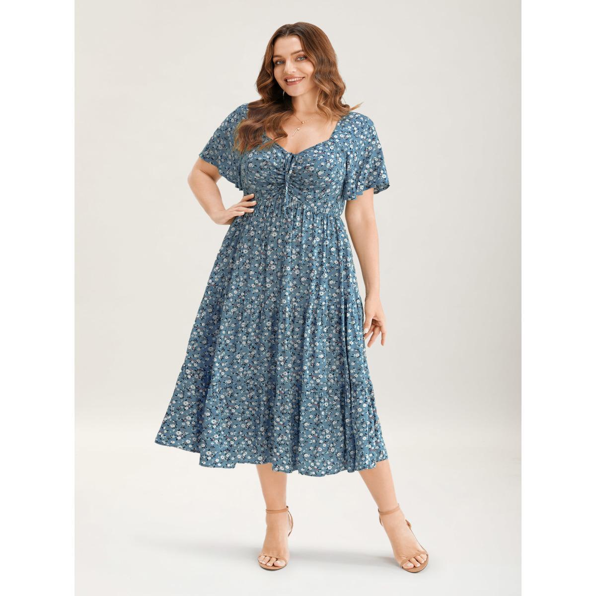 Plus Size Ditsy Floral Sweetheart Drawstring Pocket Tiered Dress Aegean Women Elegant Non V-neck Short sleeve Curvy Midi Dress BloomChic 30/6X Product Image