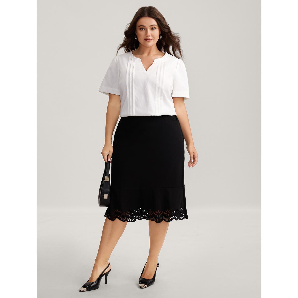 Plus Size Ivory Toothpick Pleats Notched Collar Solid Blouse Women Short sleeve Notched collar Work Blouses BloomChic 28/5X Product Image