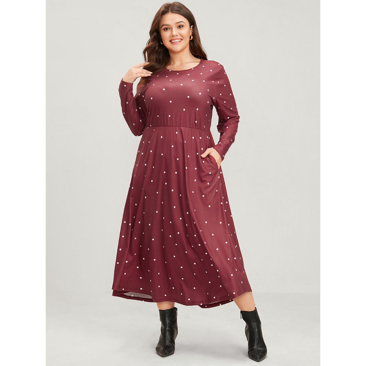 Plus Size Polka Dot Pocket Round Neck Midi Dress DustyPink Women Elegant Pocket Round Neck Long Sleeve Curvy Midi Dress BloomChic 26/4X Product Image