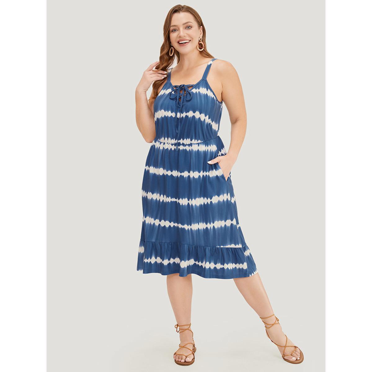 Plus Size Tie Dye Lace Up Pocket Striped Cami Dress Indigo Women Vacation Adjustable Straps Spaghetti Strap Sleeveless Curvy Midi Dress BloomChic 10/M Product Image