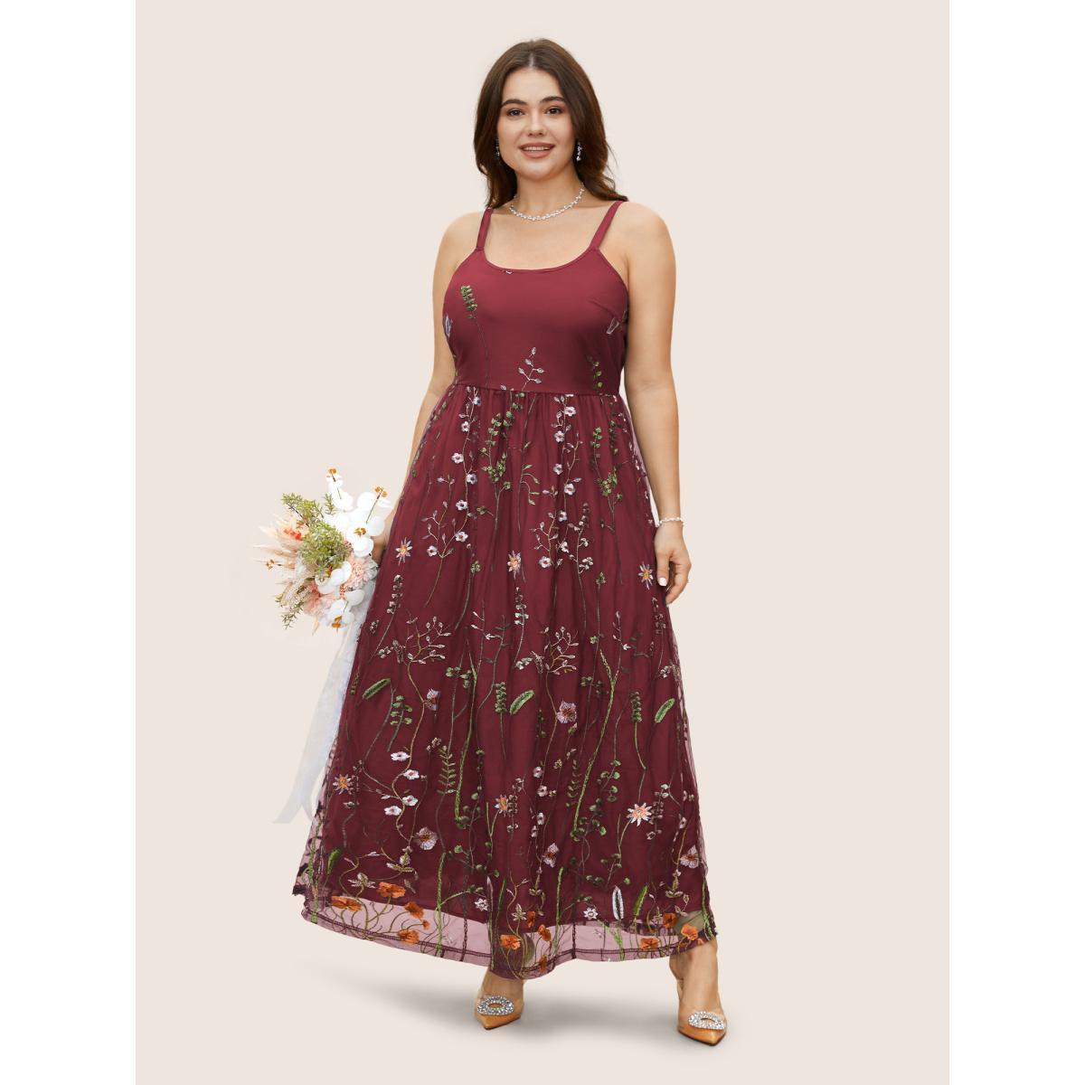 Plus Size U Neck Floral Embroidered Mesh Cami Dress DarkBlue Women Formal U-neck Sleeveless Curvy BloomChic 28/5X Product Image