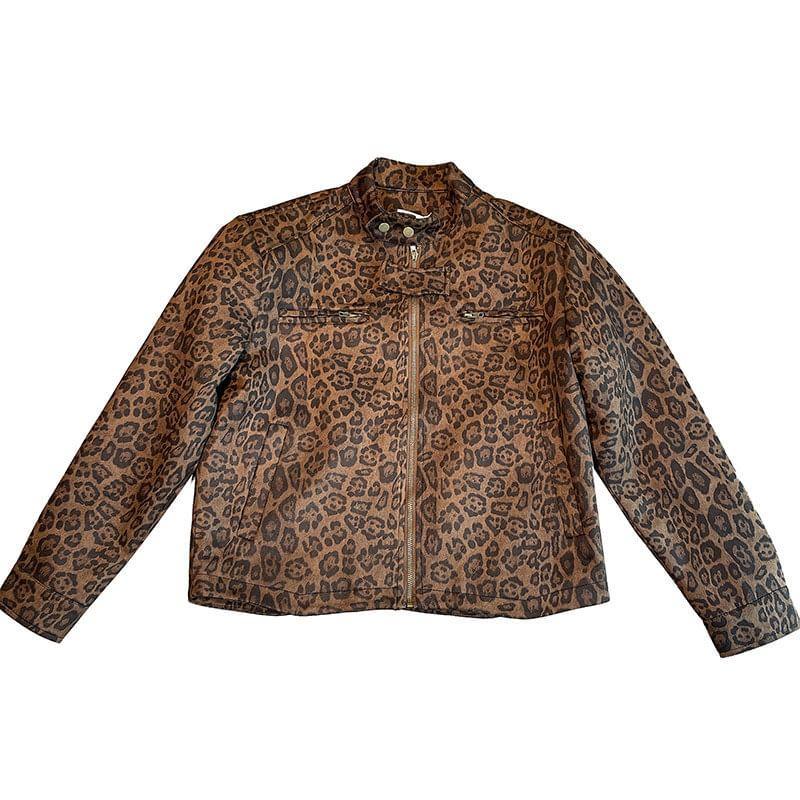 Long Sleeve Stand Collar Leopard Print Jacket Product Image