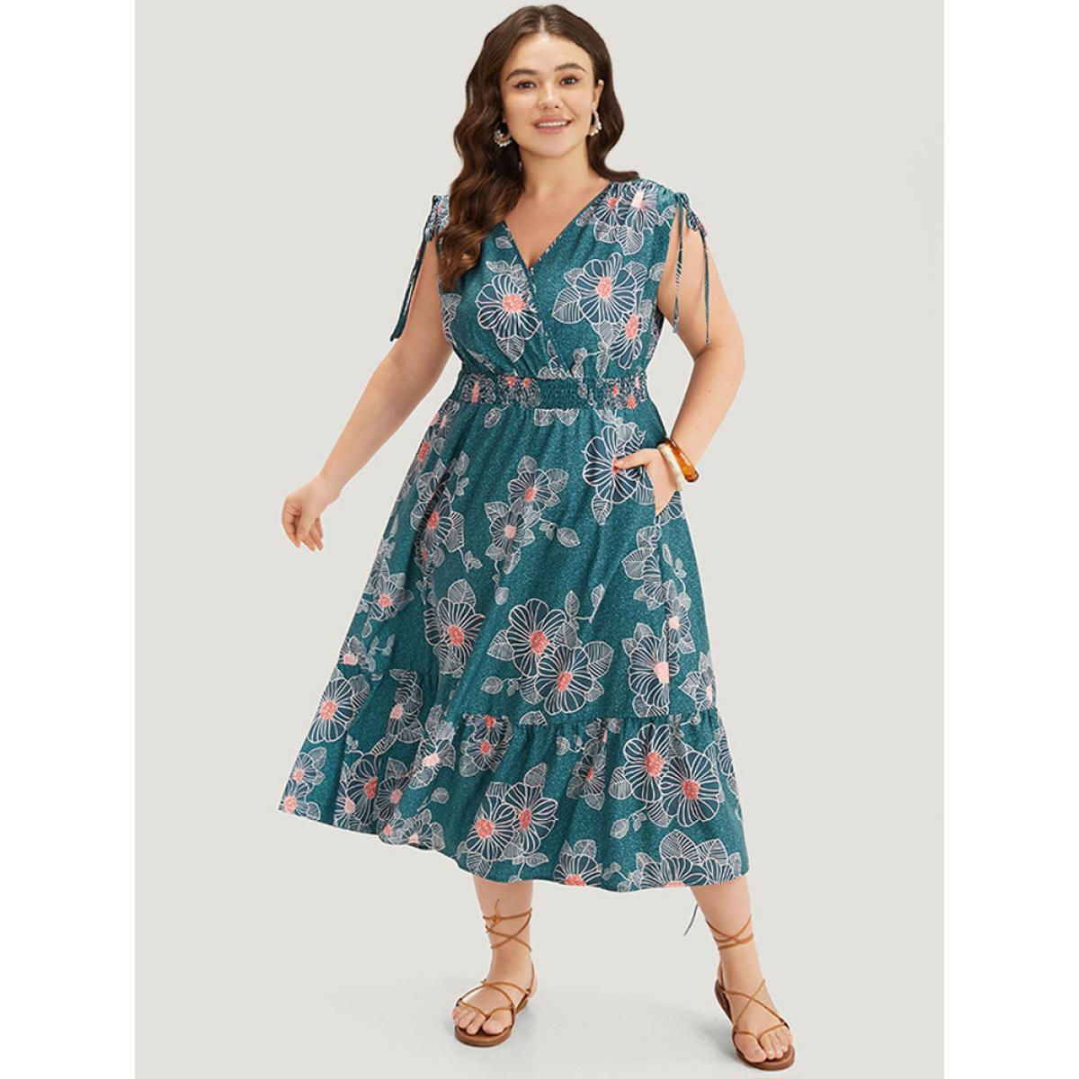 Plus Size Floral Print Shirred Overlap Collar Drawstring Dress Teal Women Vacation Printed V-neck Short sleeve Curvy Midi Dress BloomChic 22-24/3X Product Image