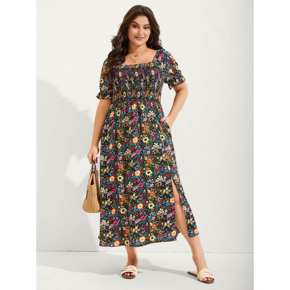 Plus Size Shirred Stretchy Waist Floral Midi Dress BlackFlower Women Square Neck Short sleeve Curvy BloomChic 12/L Product Image