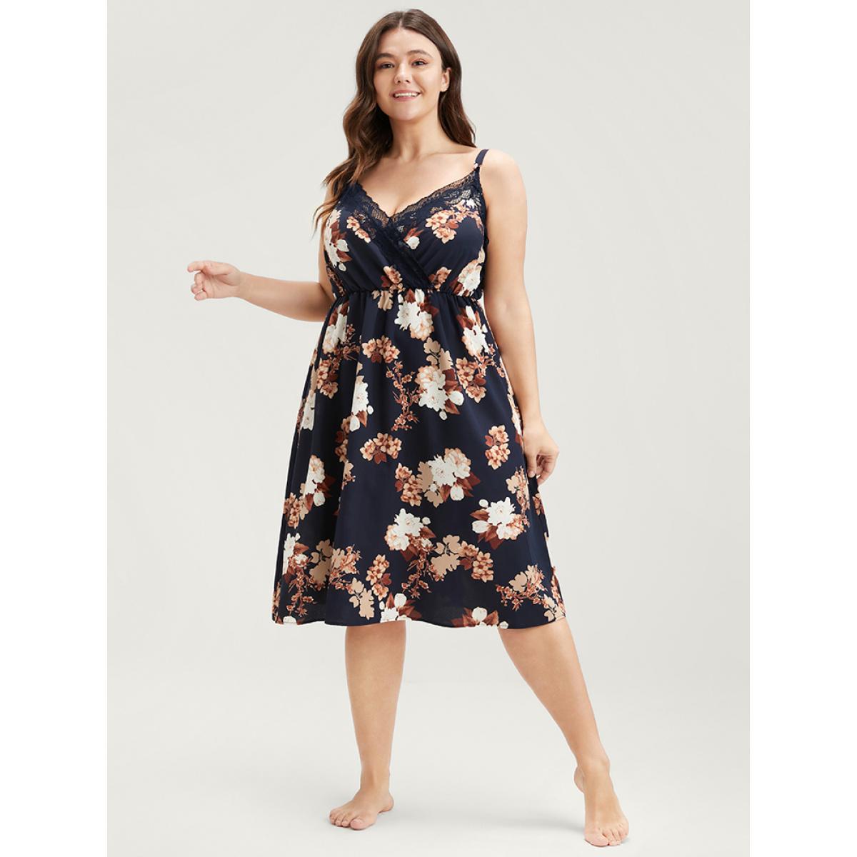 Plus Size Floral Wrap Lace Trim Cami Night Dress Women DarkBlue Elegant Floral Elastic Waist V-neck Loungewear BloomChic 14-16/1X Product Image