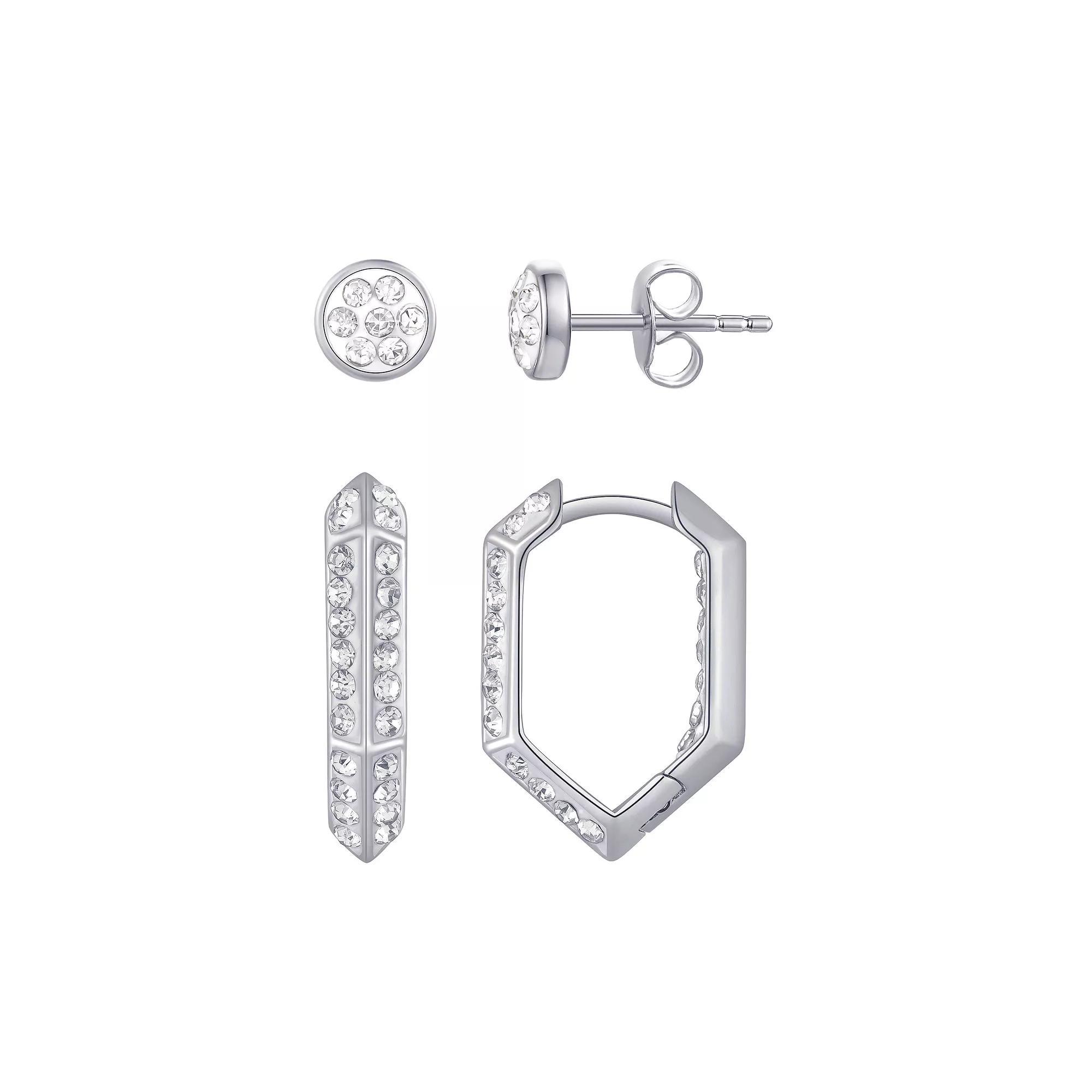 Chrystina Silver Tone 2-pair Crystal Disc Stud & Hexagon Hoop Earring Set, Women's Product Image