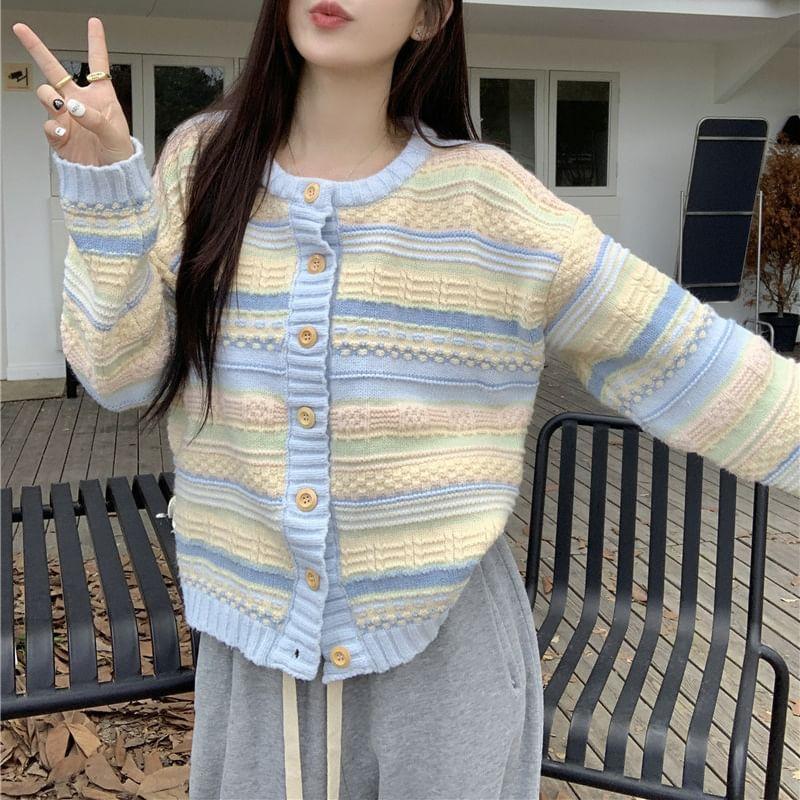 Round Neck Striped Button Up Cardigan Product Image