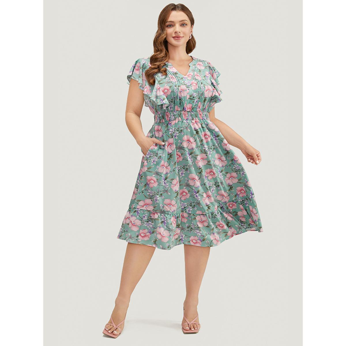 Plus Size Floral Pleated Shirred Notched Pocket Ruffle Trim Shirred Dress Mint Women Elegant Pleated Notched collar Cap Sleeve Curvy Midi Dress BloomChic 10/M Product Image