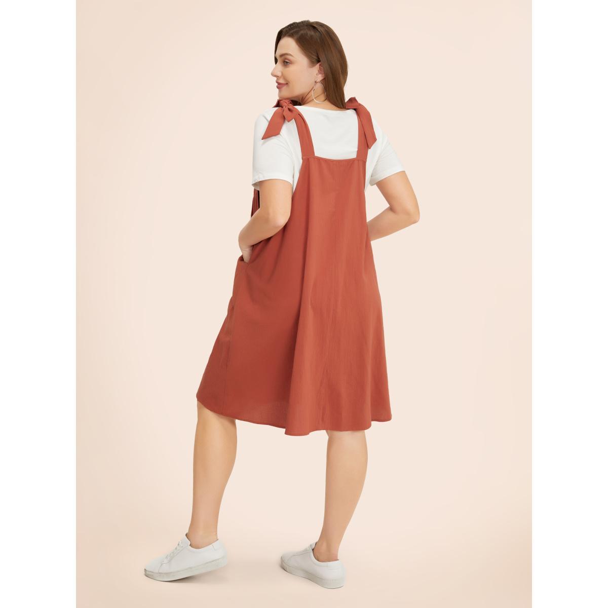 Plus Size Solid Pleated Hem Pocket Tie Shoulder Overall Dress Rust Women Casual Pleated Spaghetti Strap Sleeveless Curvy Knee Dress BloomChic 26/4X Product Image