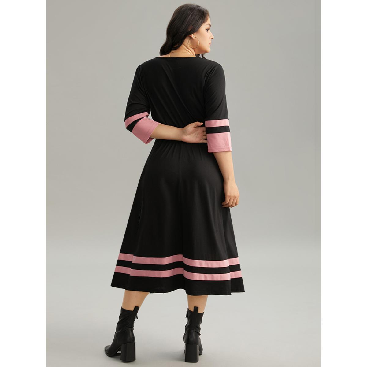 Plus Size Colorblock Contrast Elastic Waist Pocket Belted Dress Black Women Casual Belted V-neck Elbow-length sleeve Curvy Midi Dress BloomChic 14-16/1X Product Image