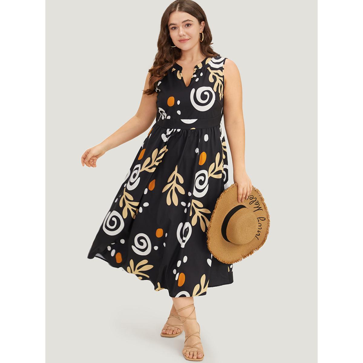 Plus Size Graphic Print Notched Pocket Tank Dress DarkGreen Women Vacation Printed Notched collar Sleeveless Curvy Midi Dress BloomChic 18-20/2X Product Image
