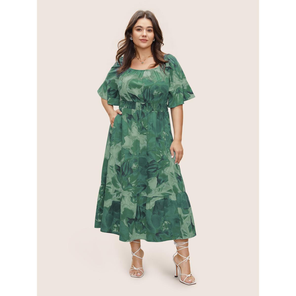 Plus Size Square Neck Floral Shirred Ruffle Sleeve Dress Emerald Women Elegant Non Square Neck Short sleeve Curvy Midi Dress BloomChic 30/6X Product Image