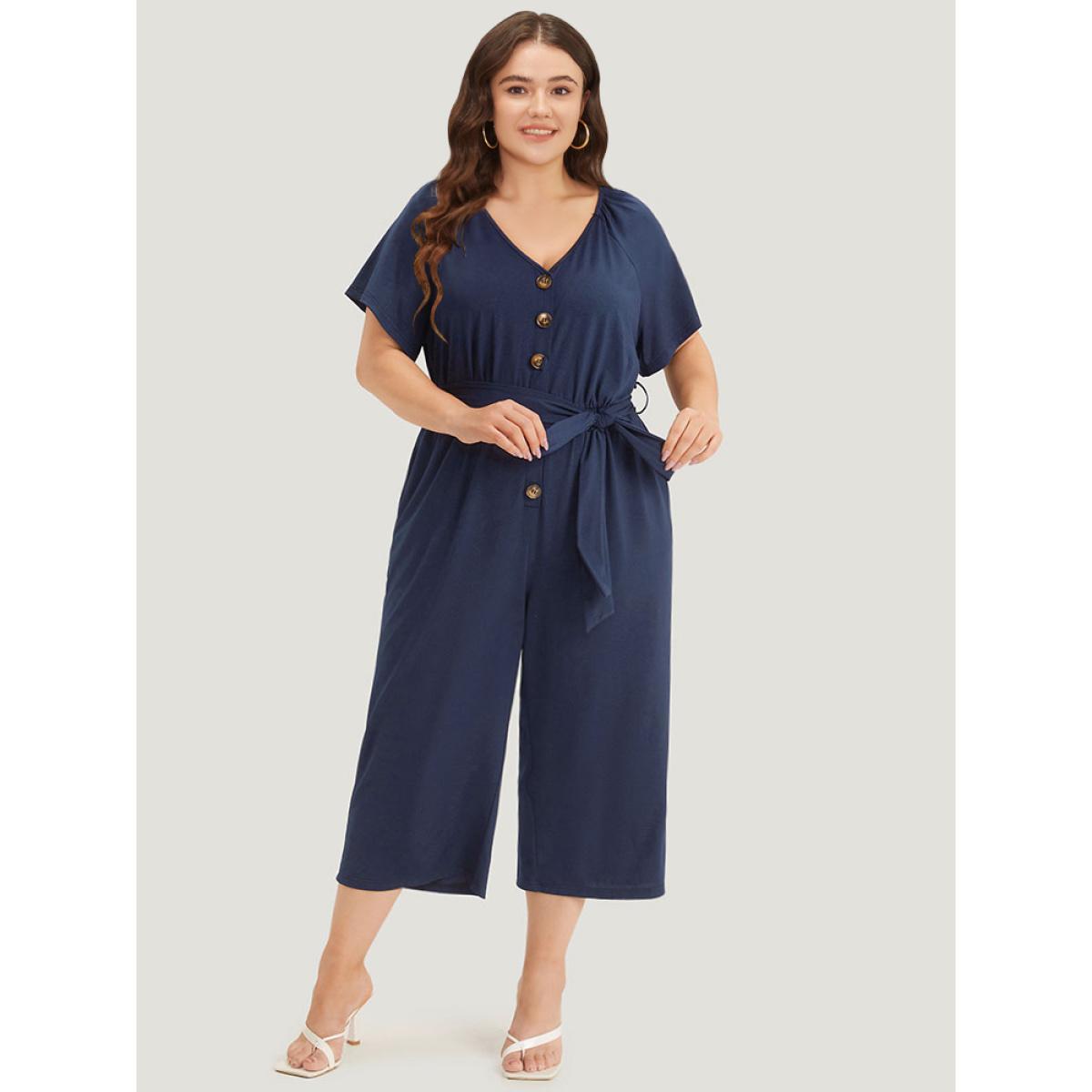 Plus Size DarkBlue Solid Button Up V Neck Belted Gathered Flutter Sleeve Jumpsuit Women Elegant Short sleeve V-neck Dailywear Loose Jumpsuits BloomChic 12/L Product Image