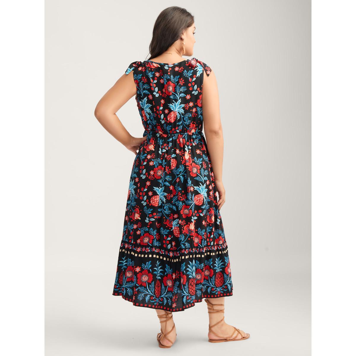 Plus Size Boho Print Shoulder Tie Midi Dress Multicolor Women Gathered V-neck Sleeveless Curvy BloomChic 28/5X Product Image