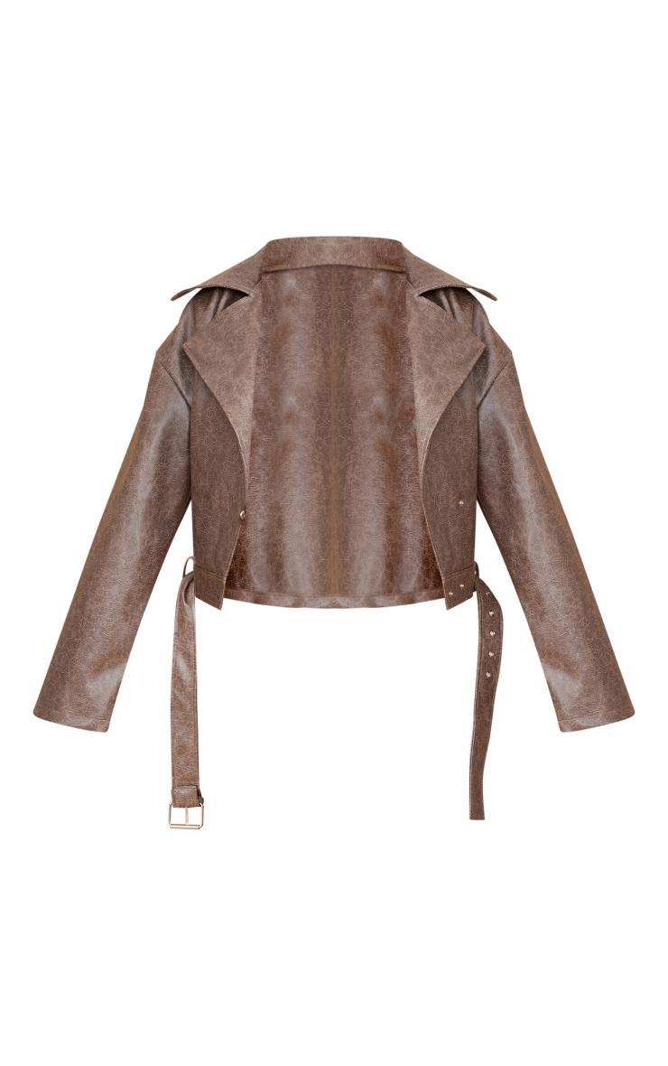 Brown Distressed Faux Leather Belted Relaxed Fit Biker Jacket Product Image