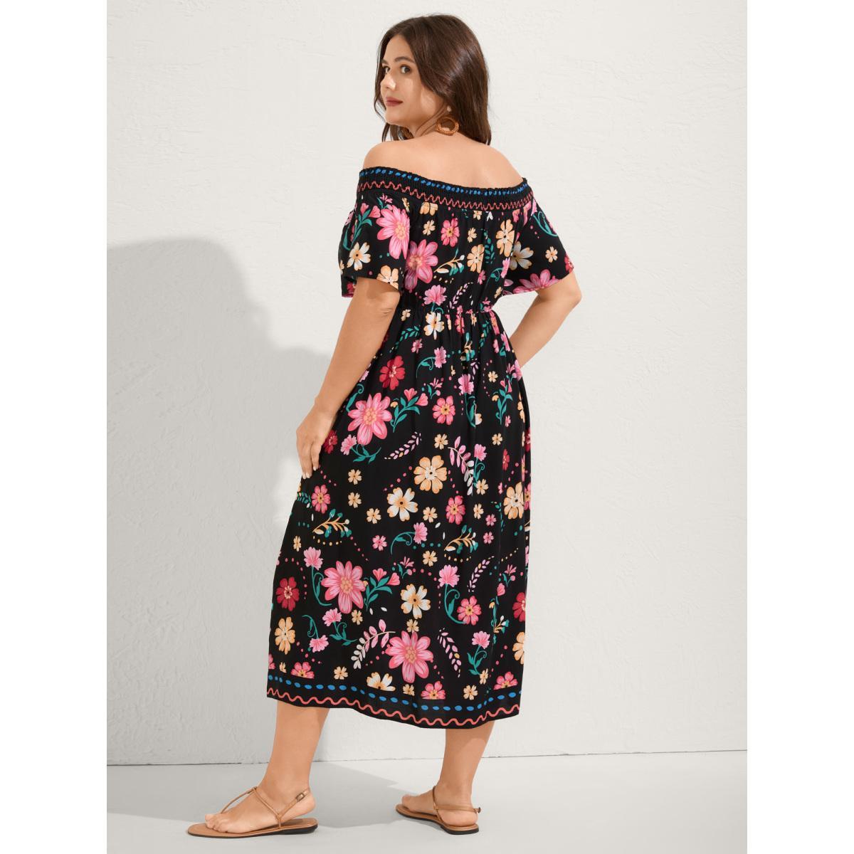 Plus Size Rayon Floral Shirred Off-Shoulder Midi Dress Black Women One-shoulder neck Short sleeve Curvy BloomChic 18-20/2X Product Image