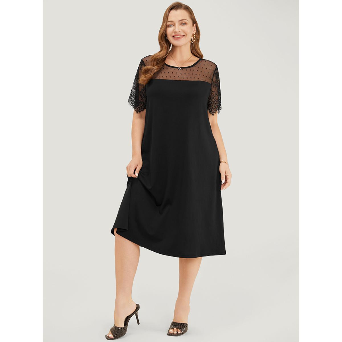 Plus Size Plain Pocket Lace Mesh Patchwork Dress Black Women Elegant Patchwork Round Neck Short sleeve Curvy Midi Dress BloomChic 28/5X Product Image