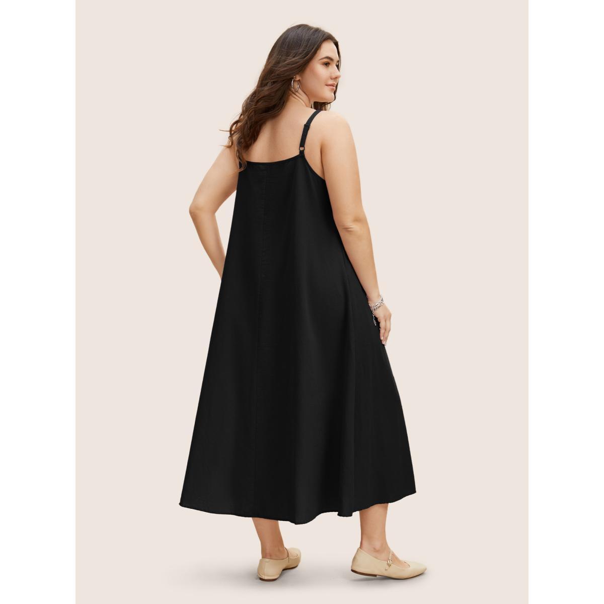 Plus Size Cotton Plain Pleated Loose Fit Cami Dress Black Women Casual Ruffles Non Sleeveless Curvy BloomChic 26/4X Product Image