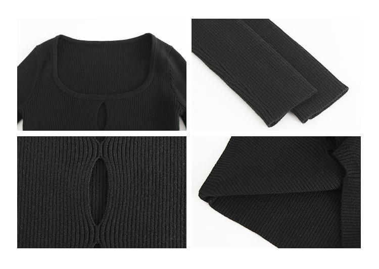 Long Sleeve Scoop Neck Plain Cutout Ribbed Knit Top / Halter Leopard Print Top Product Image
